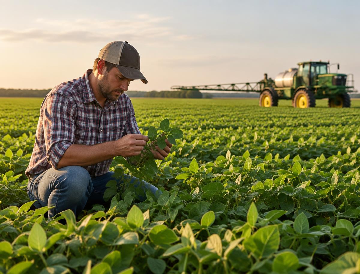 Grower inspecting a field with agricultural equipment in the distance