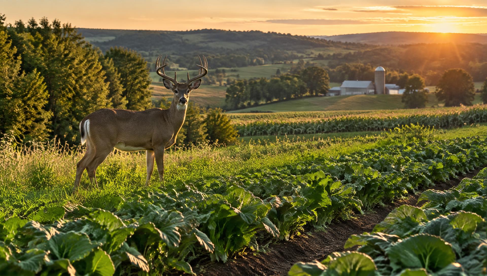 Whitetail deer at the edge of a farm field at sunrise